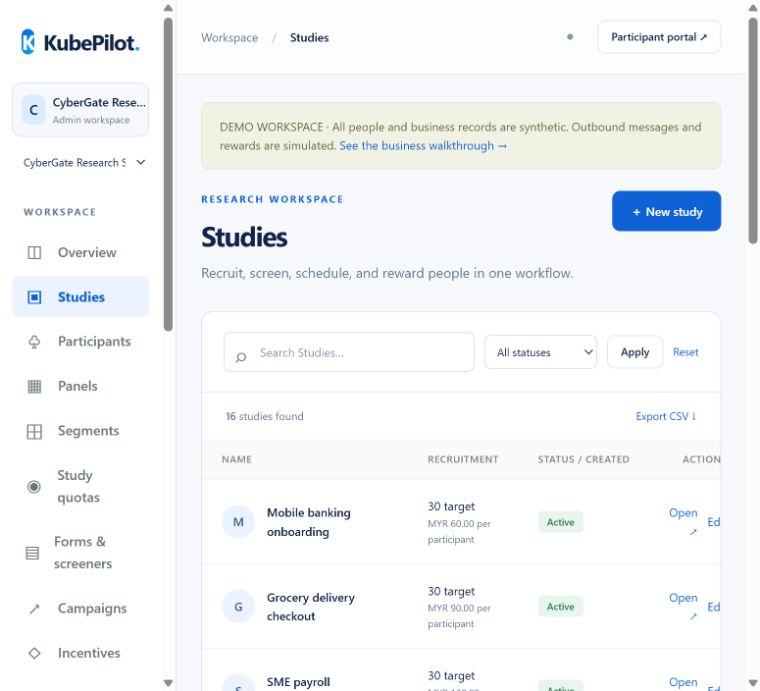 KubePilot study directory showing research projects and their status